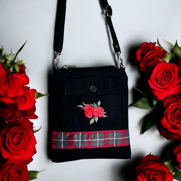 Small black bag with red rose and tartan detail zipped bag with adjustable strap