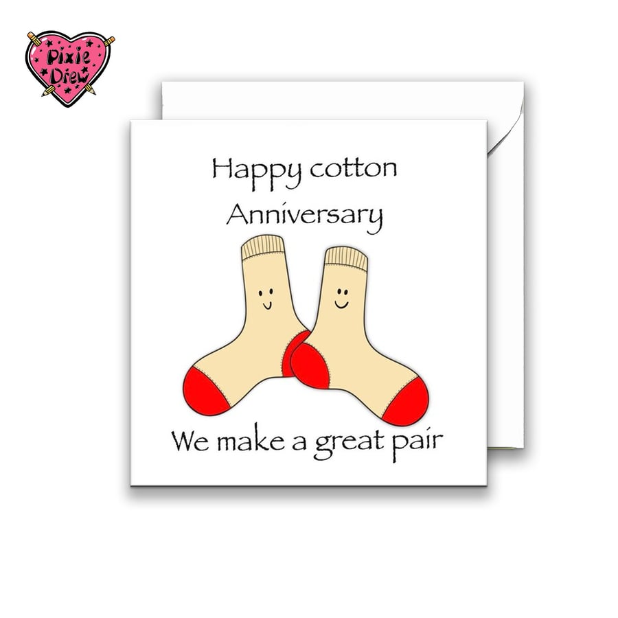 Second anniversary card with two cotton socks with smiley faces