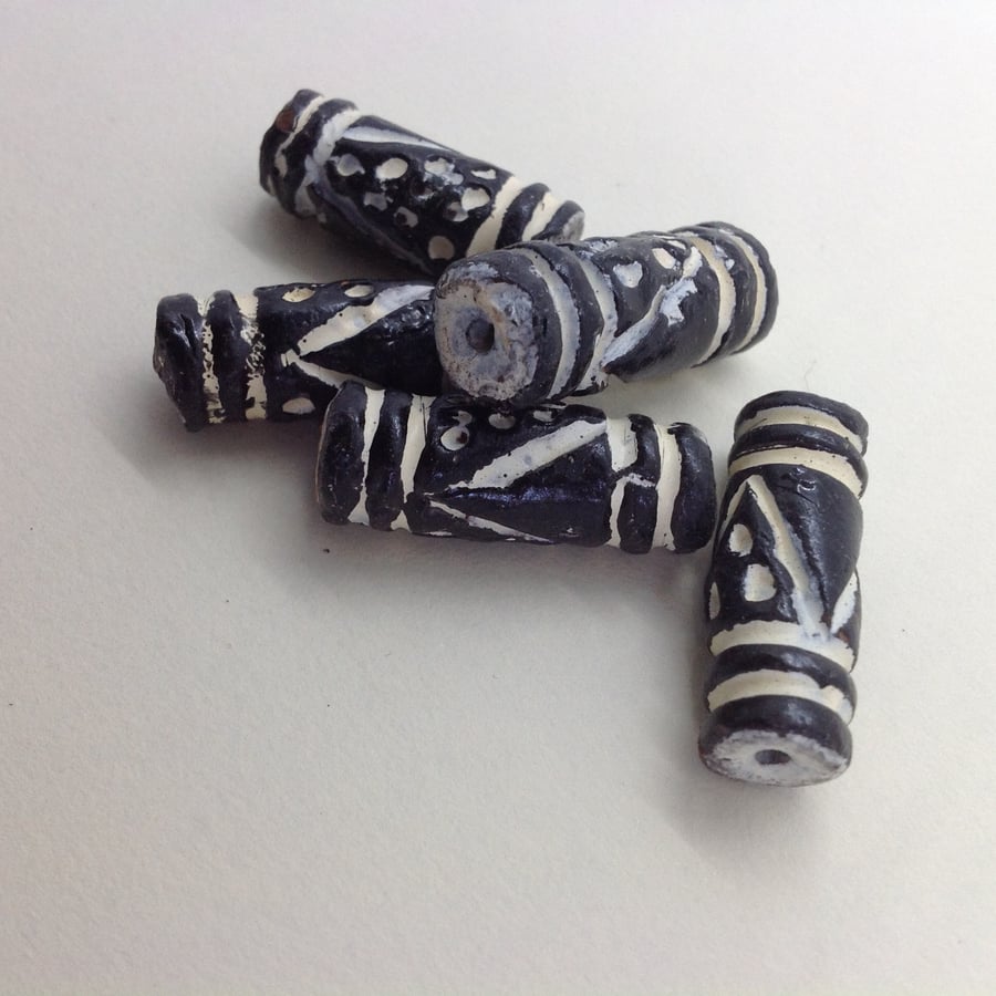 5 black and white ethnic style clay tube beads, approx 2.5cm long