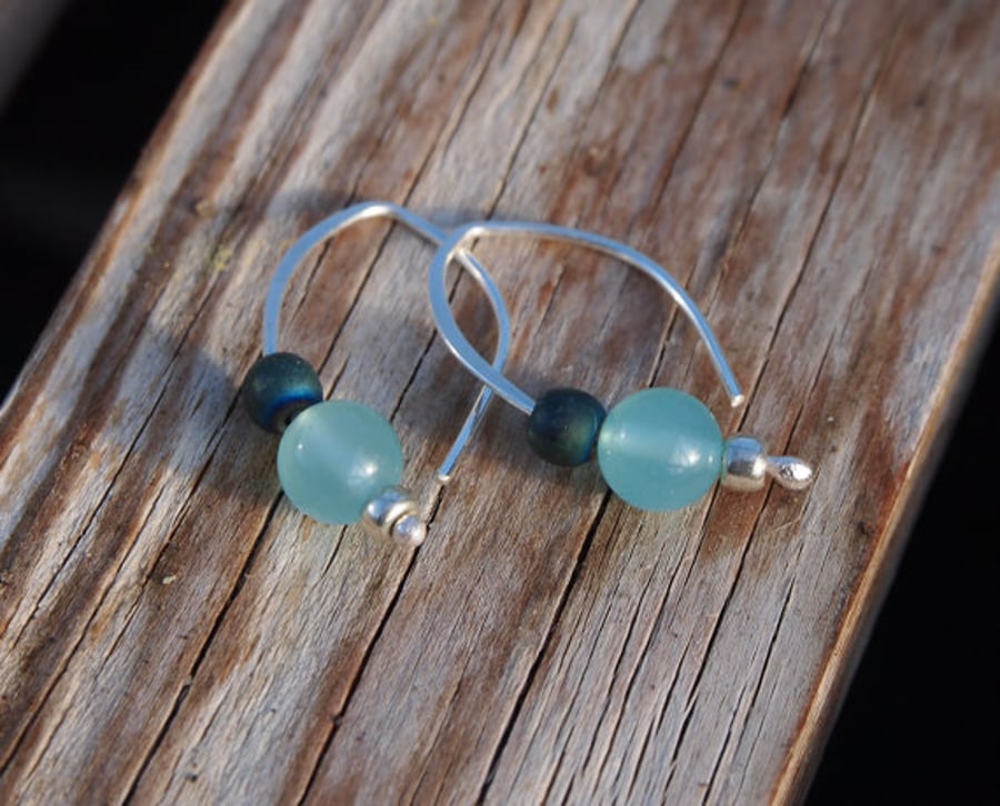 Silver drop earrings - aqua glass bead earrings
