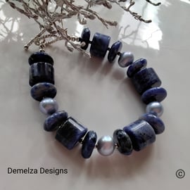 Chunky Sodalite & Freshwater Pearl Sterling Silver Bracelet