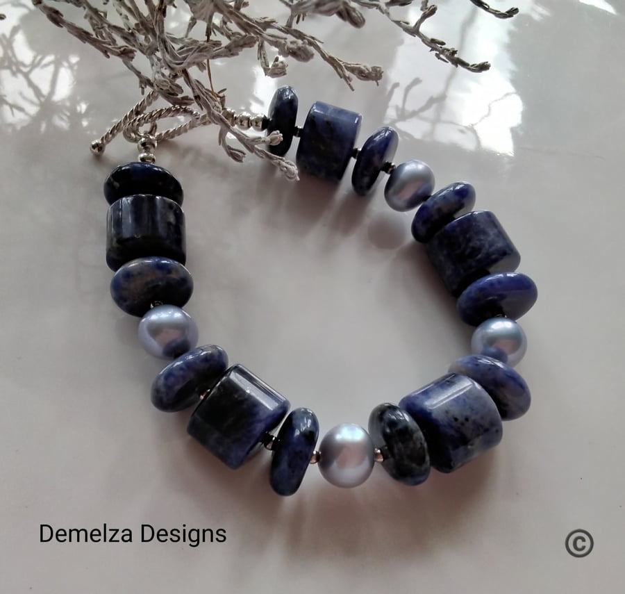 Chunky Sodalite & Freshwater Pearl Sterling Silver Bracelet