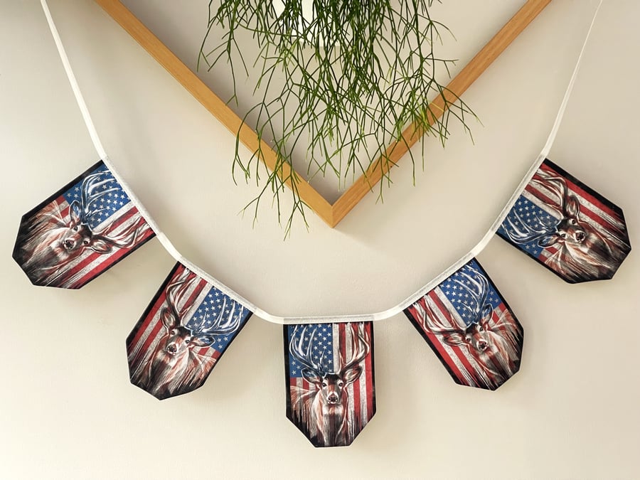 4th of July American Flag Bunting with Deer Design Double-Sided Party Decoration