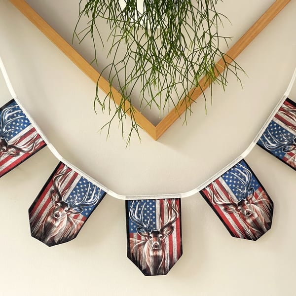 4th of July American Flag Bunting with Deer Design Double-Sided Party Decoration