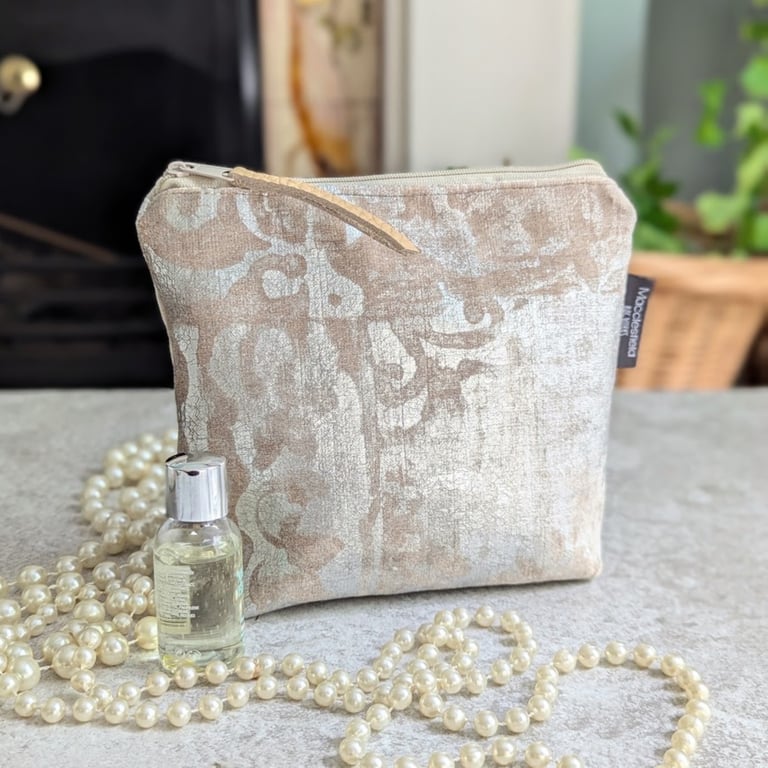 Silver Beige Chenille Make-up Pouch Bag or Toiletries Bag