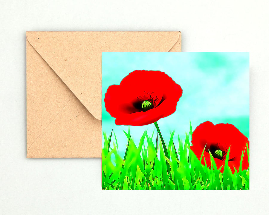 Poppies in Green Grass, Greeting, Birthday Card