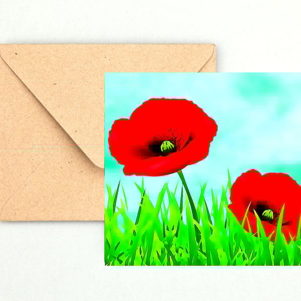 Poppies in Green Grass, Greeting, Birthday Card