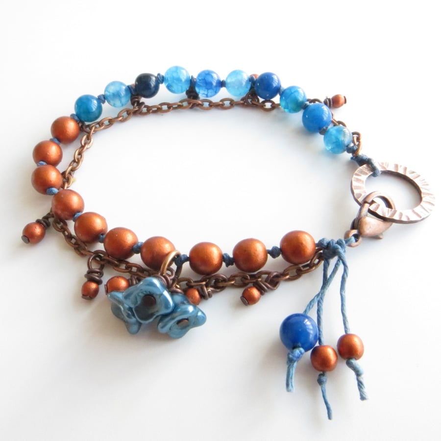 Blue Agate and Copper Bracelet, Textured Clasp, OOAK