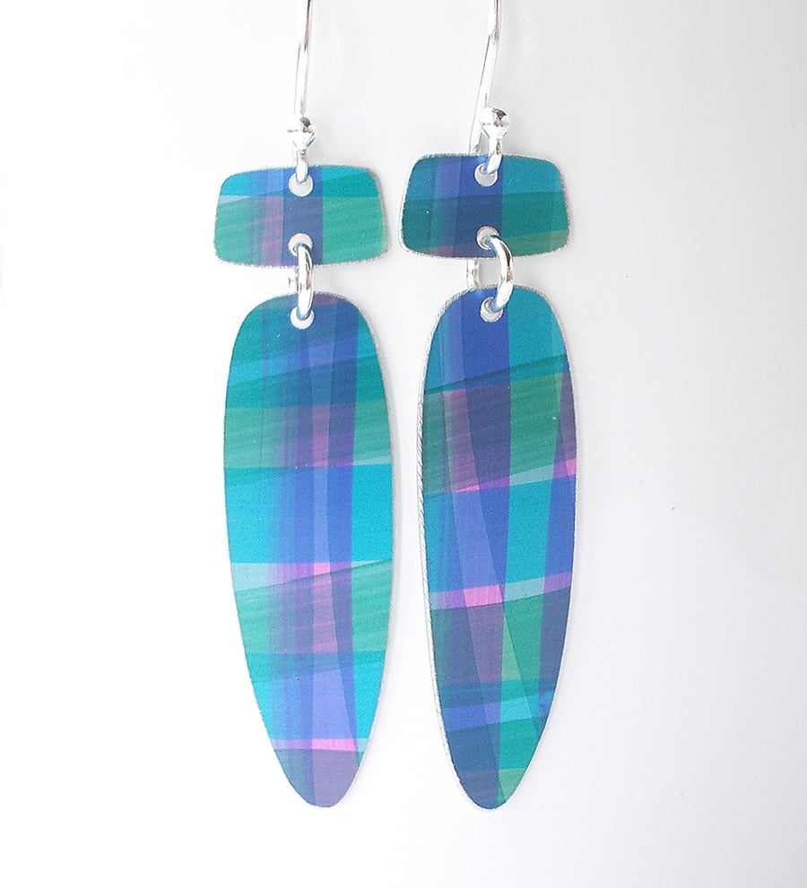 Long dangle earrings in purple, blue and green checks