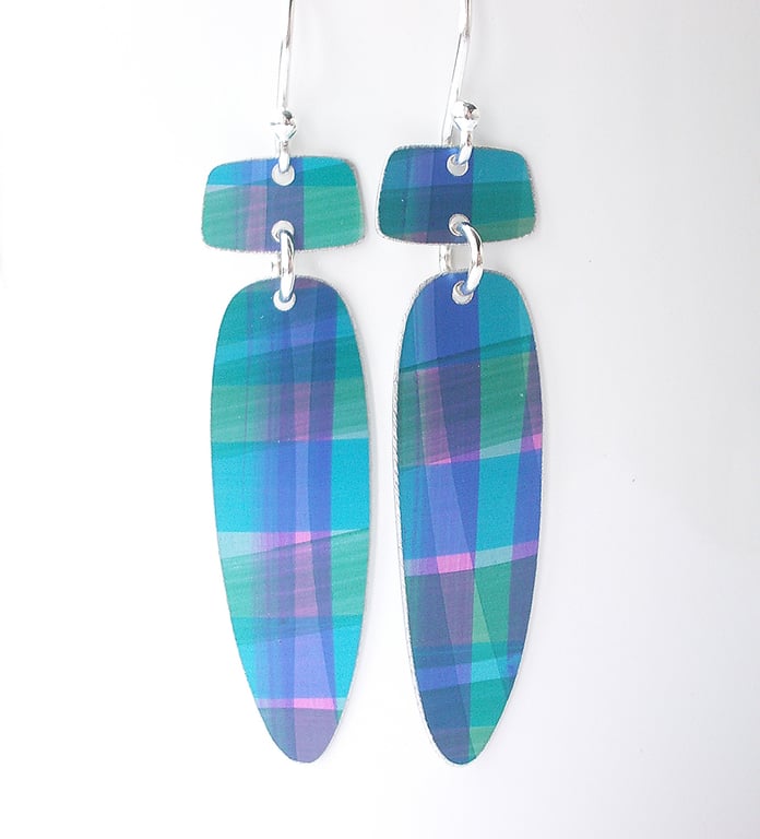 Long dangle earrings in purple, blue and green checks