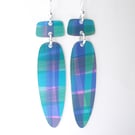 Long dangle earrings in purple, blue and green checks