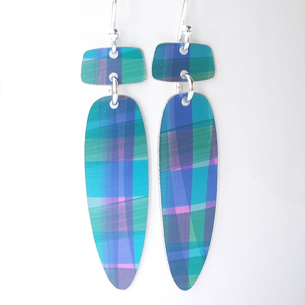 Long dangle earrings in purple, blue and green checks