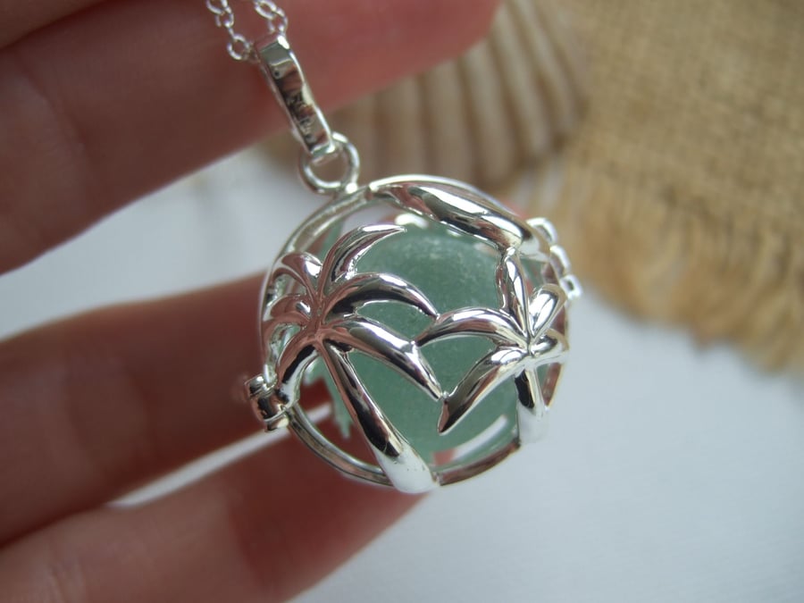 Sea glass marble necklace, silver plated palm trees pendant, white sea glass