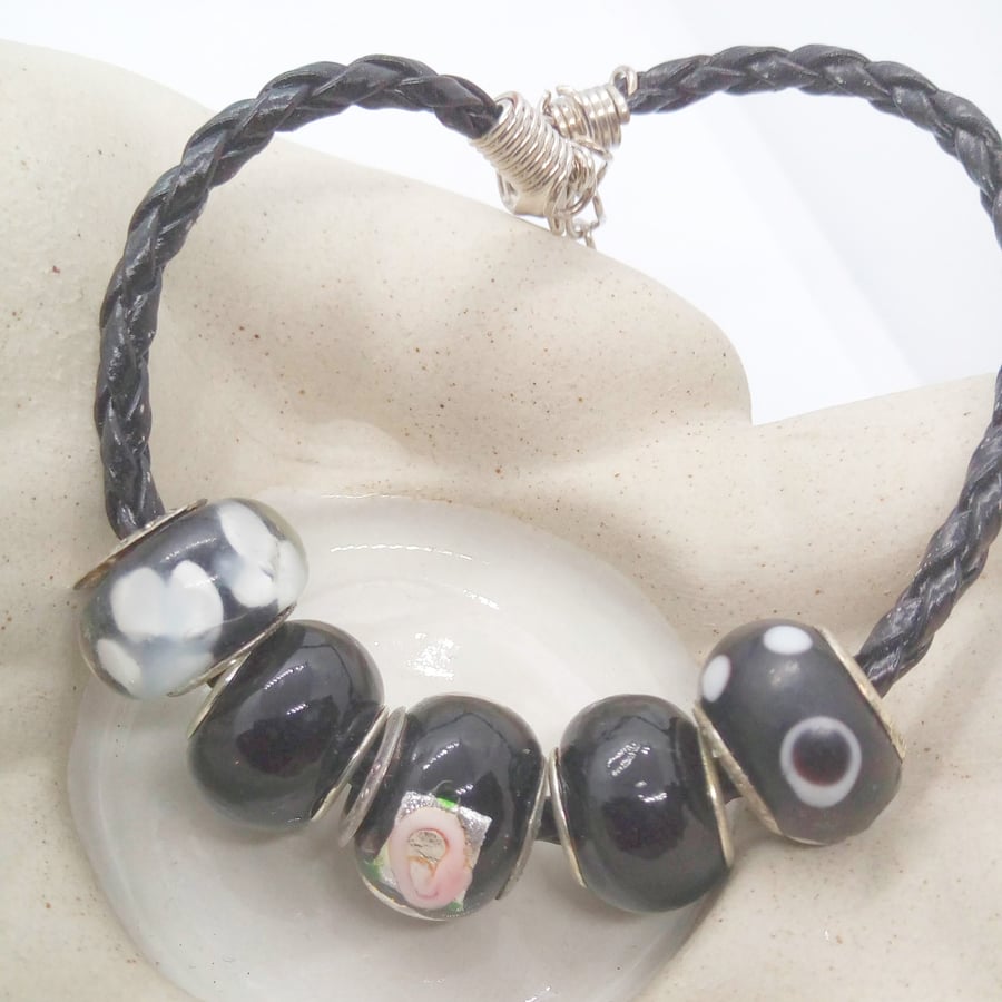 Black European Lampwork Bead Bracelet on a Black Plaited Leather Band