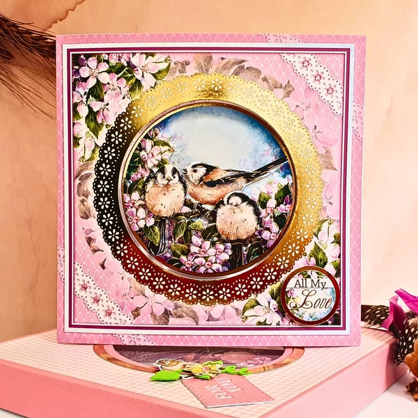 3D Decoupage keepsake card in giftbox, pink with Chaffinch birds, "All My Love"