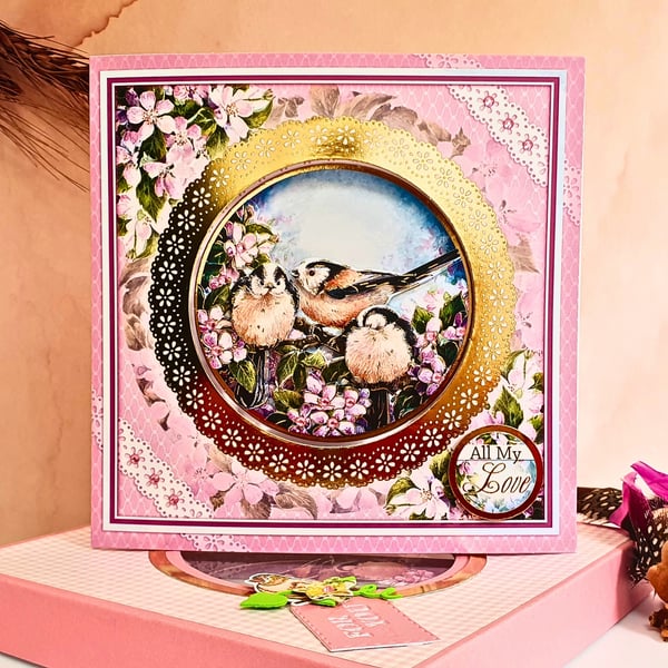 3D Decoupage keepsake card in a box, pink with Chaffinch birds, "All My Love"