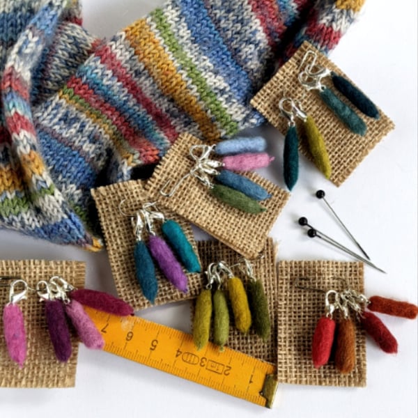 Felted stitch markers for knit or crochet - set of 4, teals and green