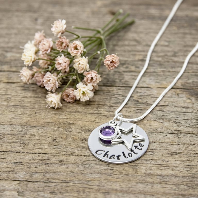 Childs Personalised Name Necklace with Star Charm and Birthstone - Free Delivery