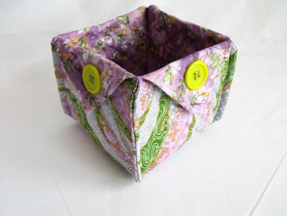  folded fabric storage tub for your bits and bobs, green and lilac