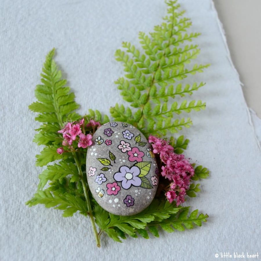 painted pebble - bees and blooms