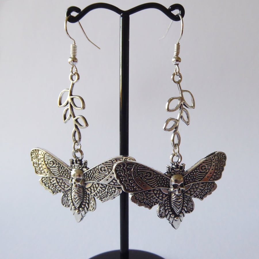 Deaths Head Moth Earrings with Leaves  & silver plated ear wires