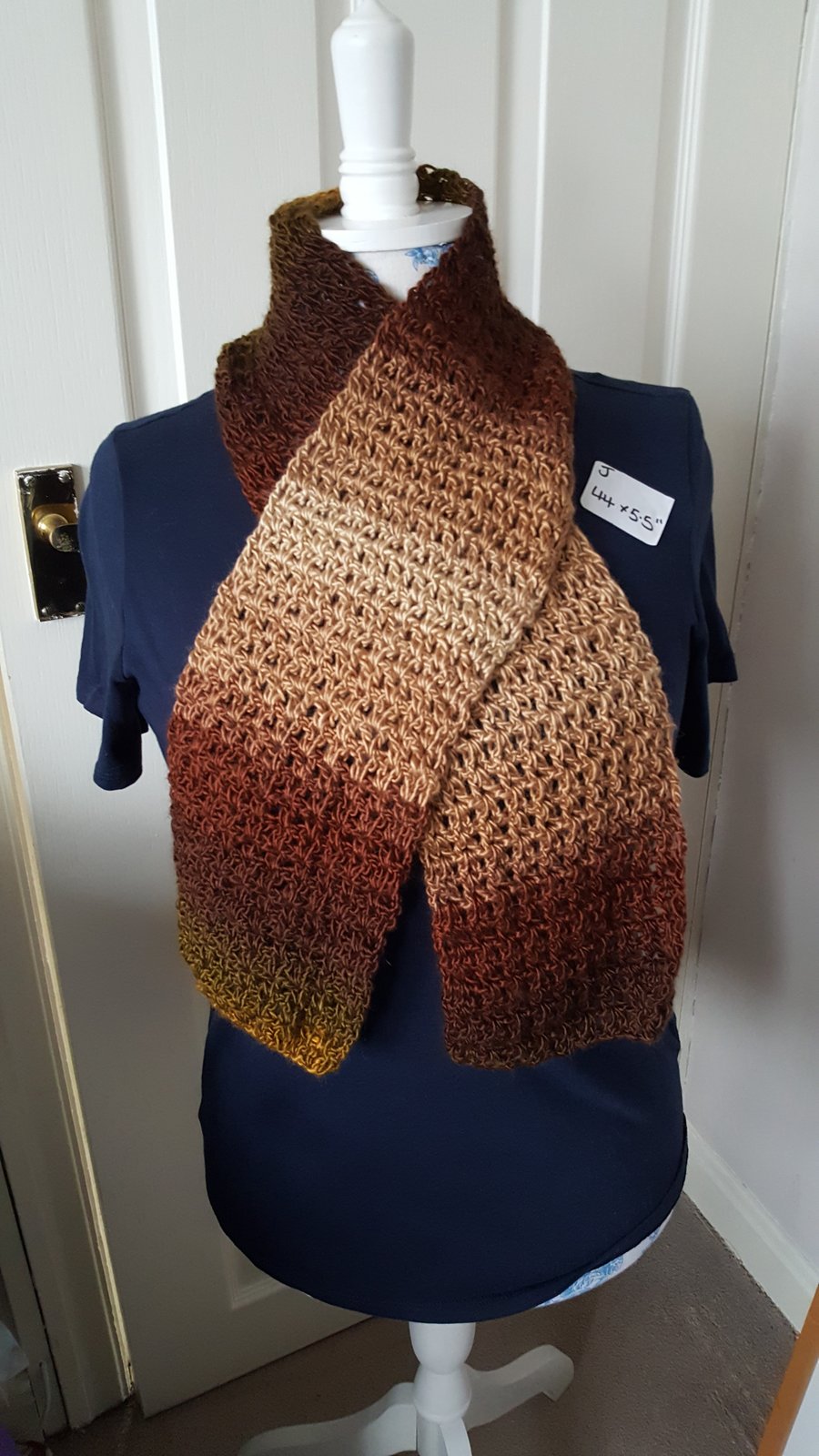 brown autumnal lightweight crocheted scarf, 44 x 5.5 inches