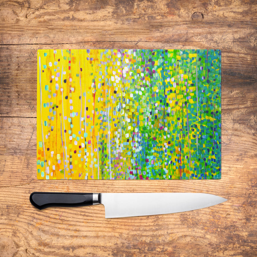 Yellow & Green Impressionist Glass Chopping Board - Worktop Saver, Platter, Tray