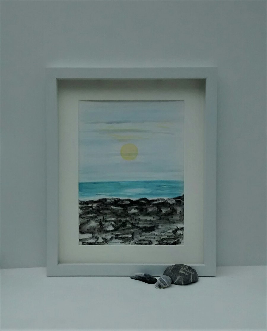 Original Watercolour Seascape Framed Painting, Winter Sunset