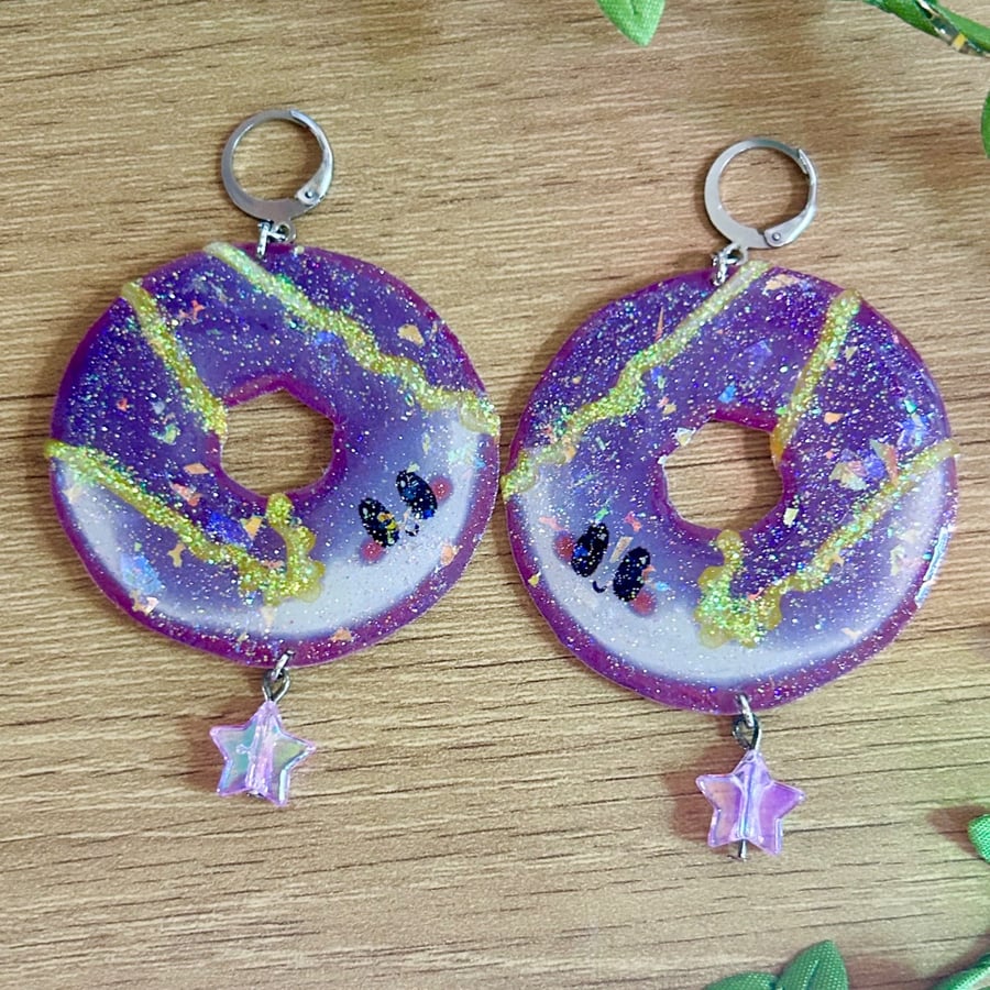 Party Ring Biscuit Earrings - Glitter Pink Nostalgic Dangle Huggie Hoops