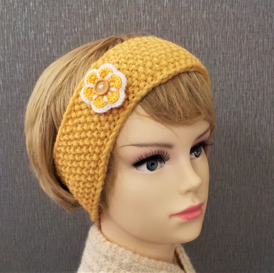 British wool hairband yellow BFL with flower hand knitted headband