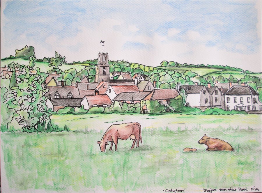 Country Side with Cows. Original Pen and Watercolour Painting