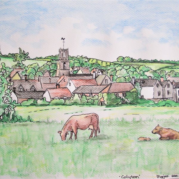 Country Side with Cows. Original Pen and Watercolour Painting