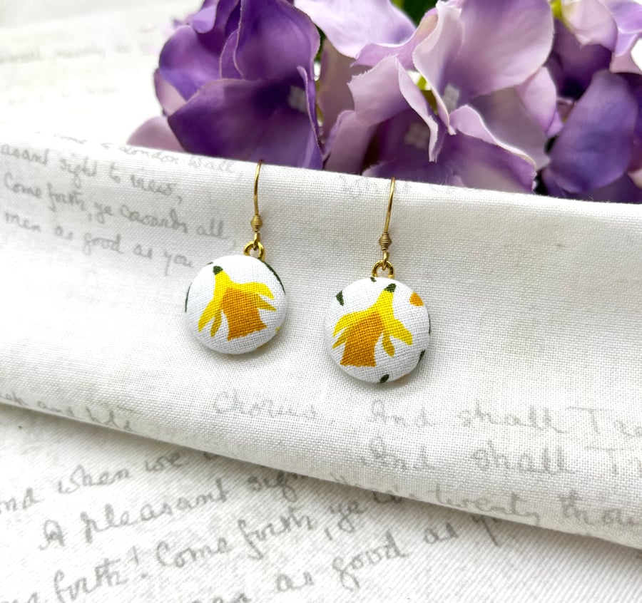 Daffodil fabric button dangle earrings spring gifts
