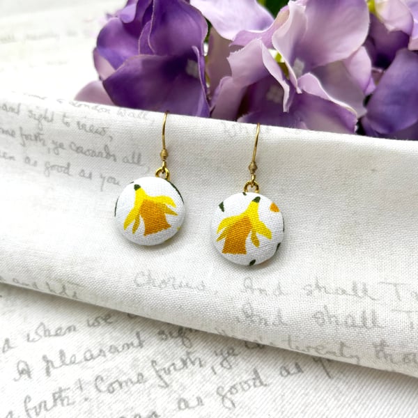 Daffodil fabric button dangle earrings spring gifts