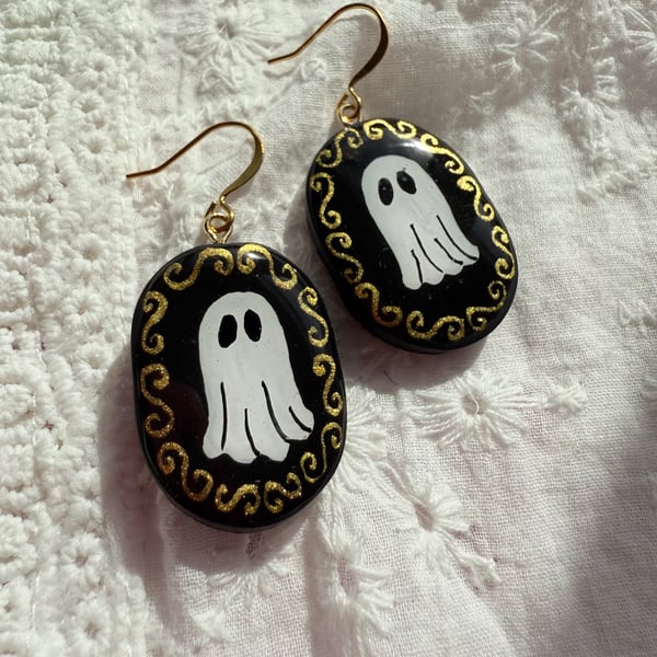 Ghost Earrings – Hand Painted Gold Silver Swirl Detail