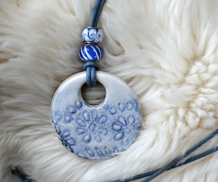 Circular White and Cobalt Blue Ceramic Pendant ... - Folksy