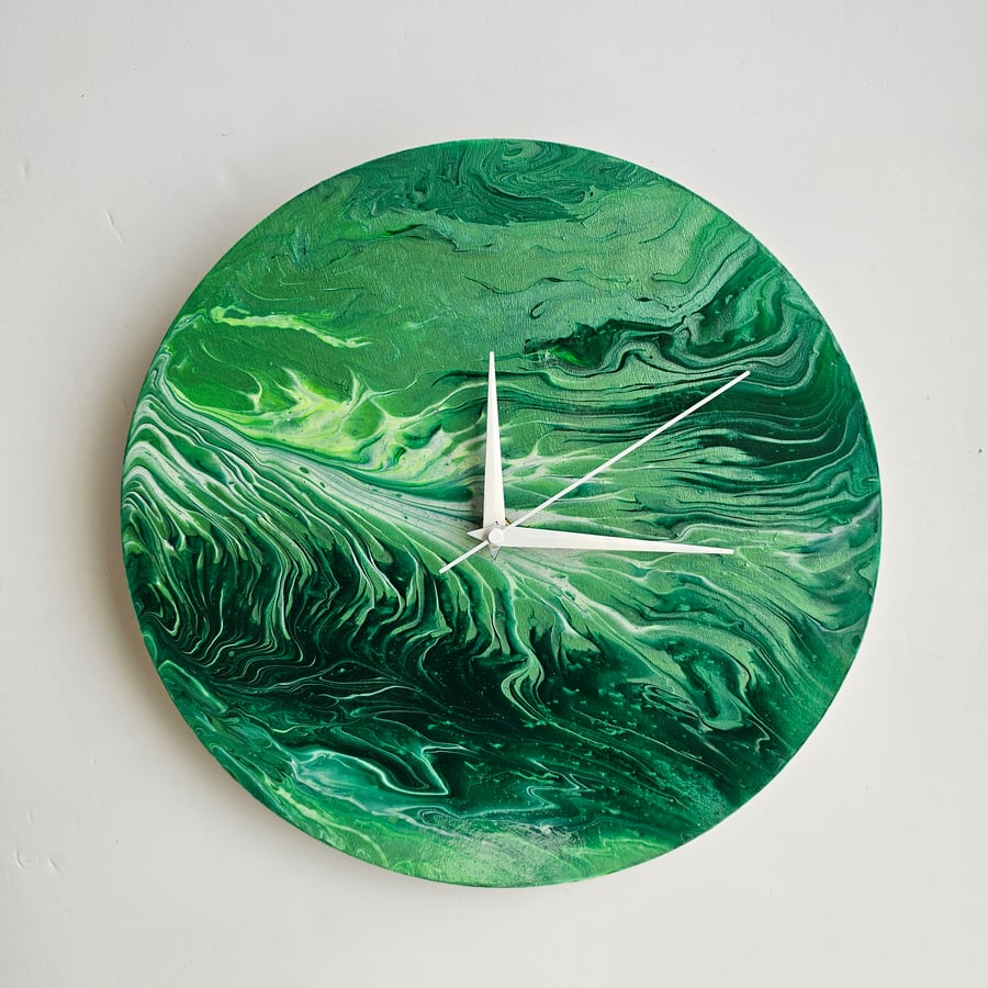 "Forest Whisper" Hand-Painted Fluid Art Wall Clock, Silent Home Decor