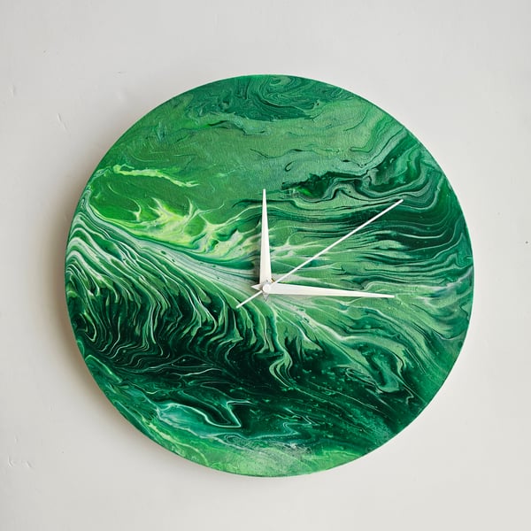 "Forest Whisper" Hand-Painted Fluid Art Wall Clock, Silent Home Decor