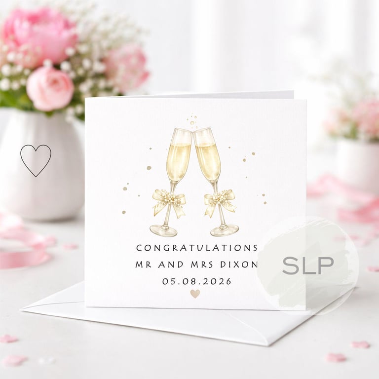 Personalised Wedding Card Congratulations Mr and Mrs Card Champagne Glasses