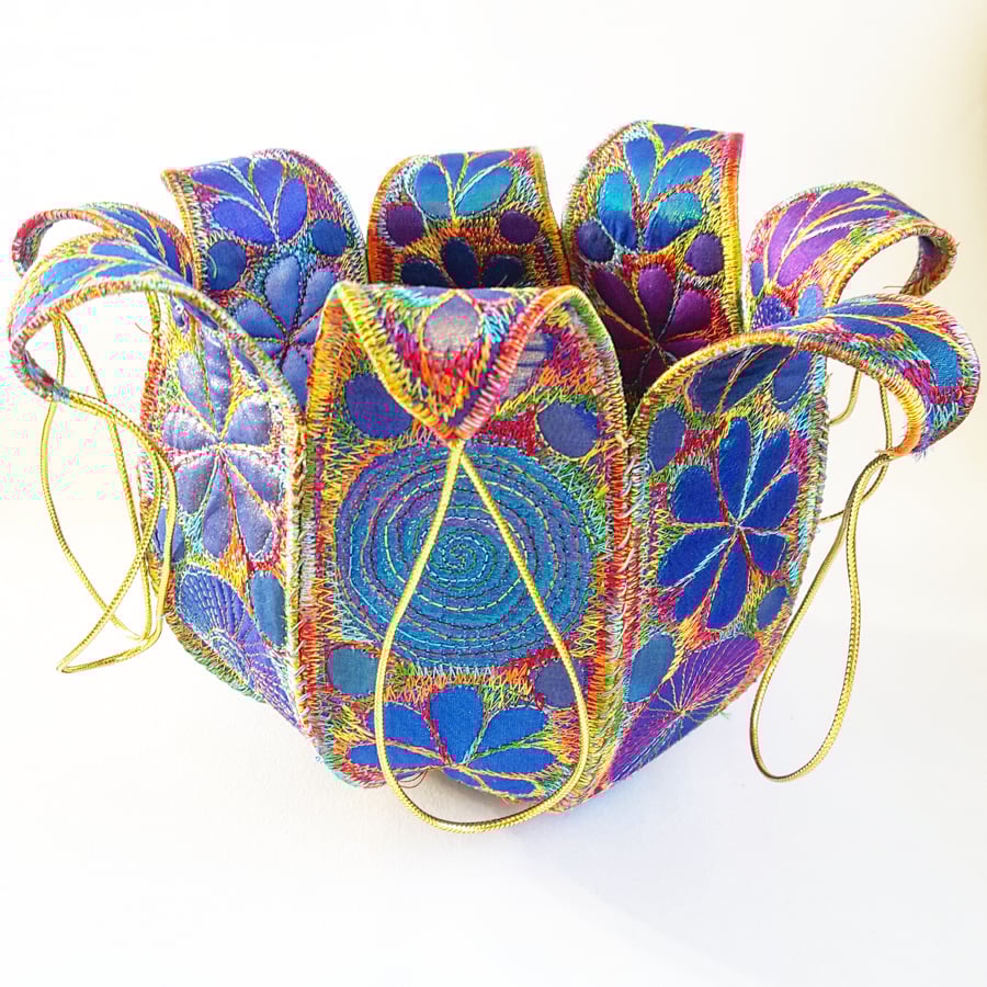 Textile Bowl in Jewel Like Colours Free Machine Embroidery Vibrant Botanical
