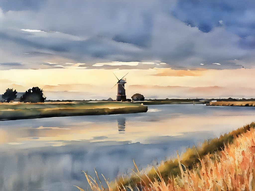 Digital Download of Print Watercolour Windmill on Norfolk Broads