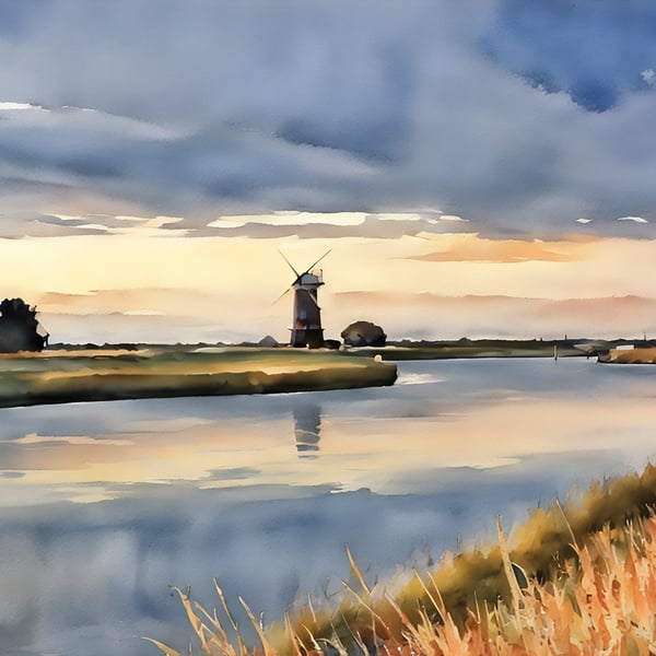 Digital Download of Print Watercolour Windmill on Norfolk Broads