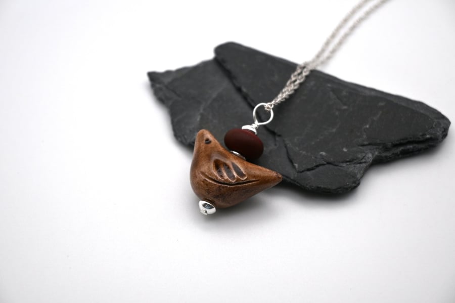 brown ceramic bird pendant necklace