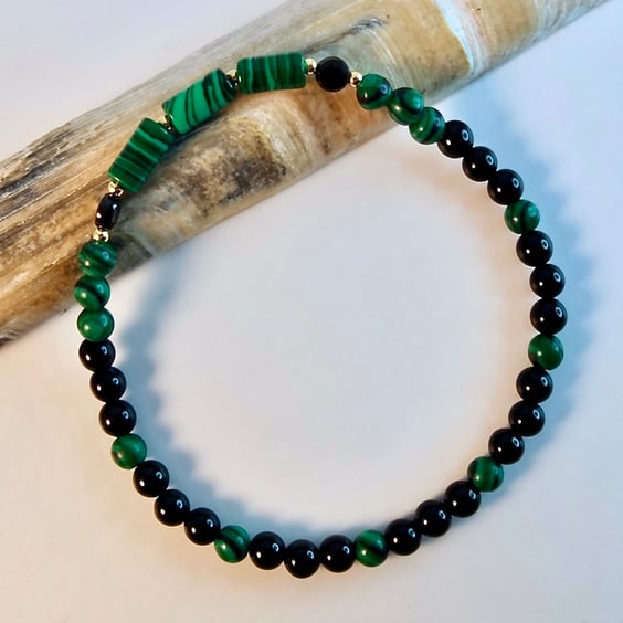 Malachite And Onyx Bracelet With Black Spinel & Gold Vermeil - Handmade In Devon