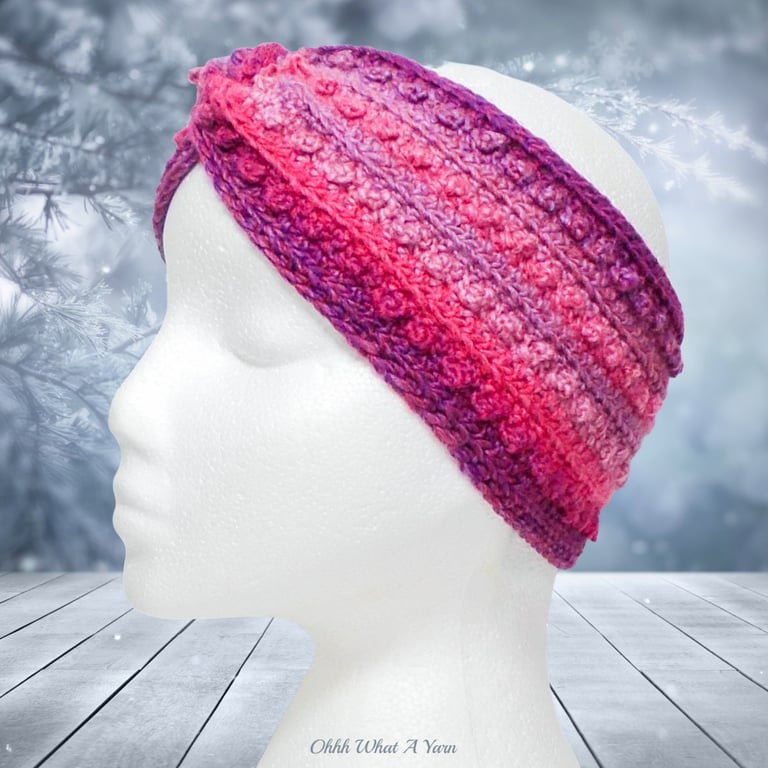 Crochet headband, ear warmer. Pink crochet twist ear warmer. Pink headband.