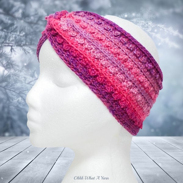 Crochet headband, ear warmer. Pink crochet twist ear warmer. Pink headband.