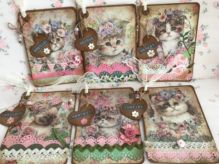 Set 6 Vintage Cute Kitten Cat Journal Cards Tags Toppers Floral