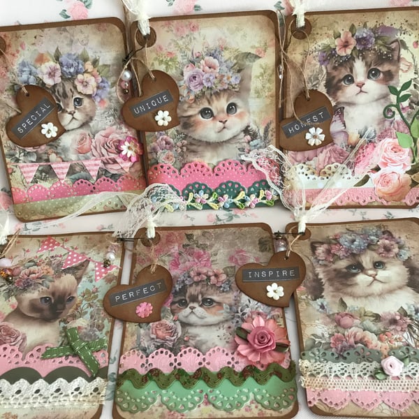 Cute Kitten Vintage style Set 6 journal cards shabby chic toppers tags