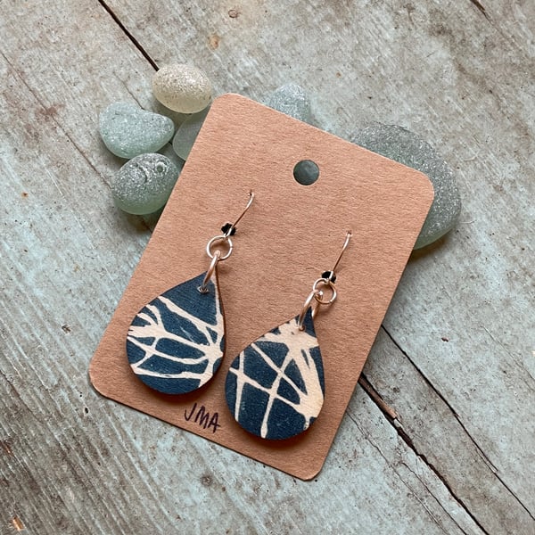 Teardrop shape wooden print drop earrings handmade