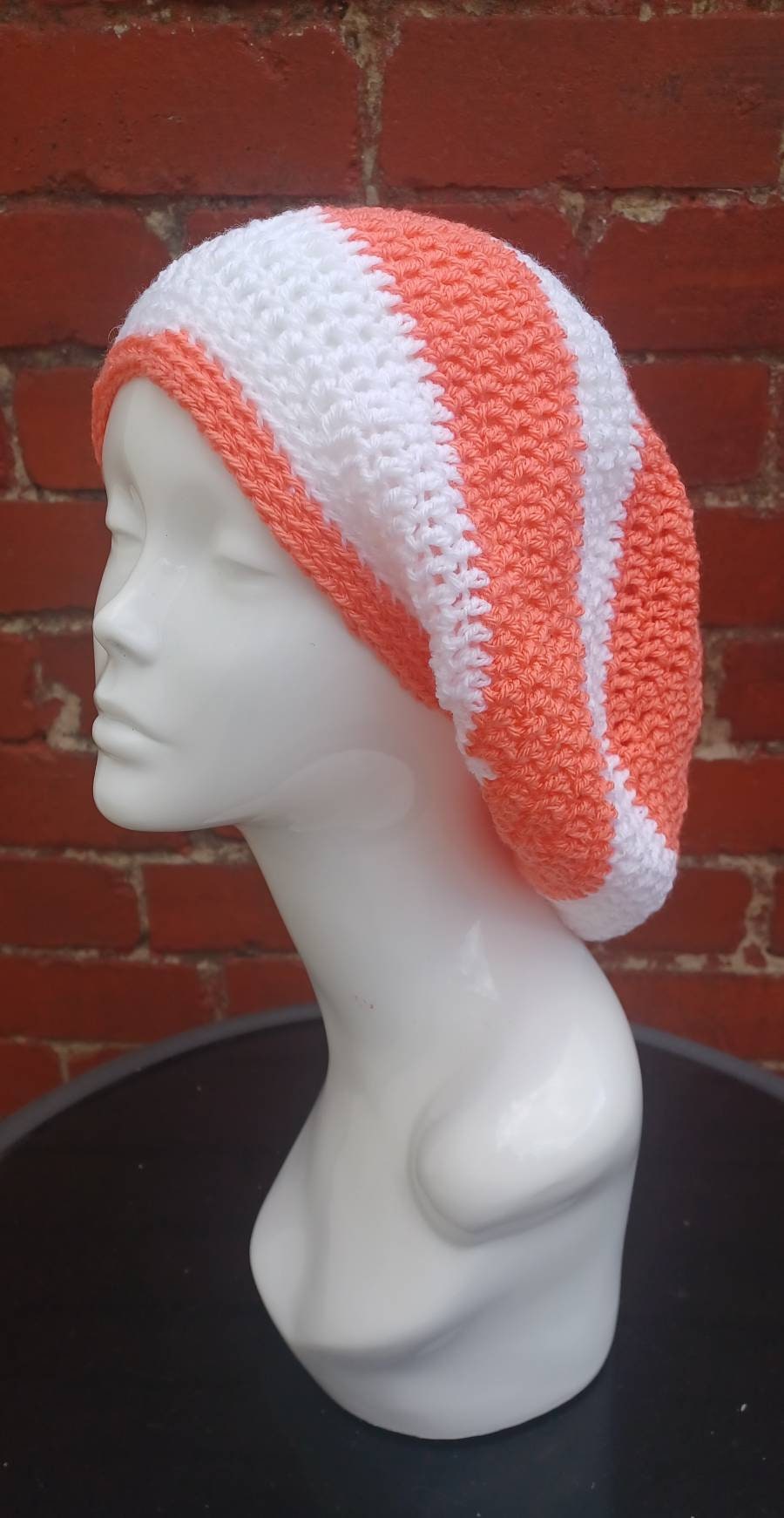 Crochet slouchy beret hat, orange white tam, baggy beanie, unisex beret
